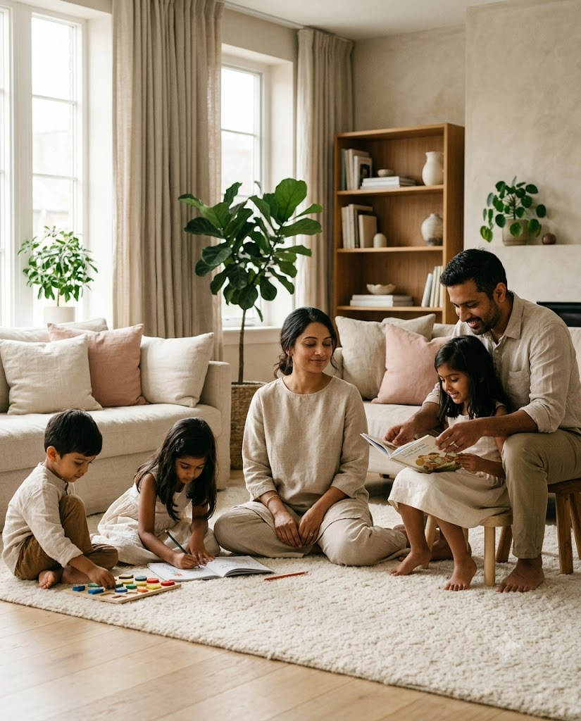 A calm family reading and playing together at home